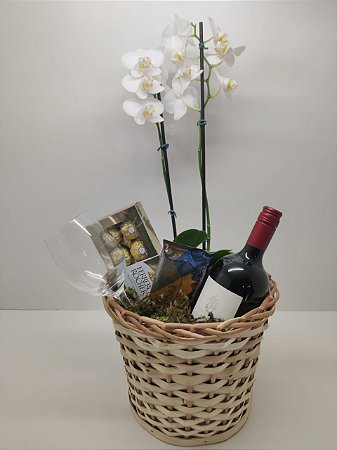 Cesta Orquidea, Vinho, Taça, Ferrero e Alpino