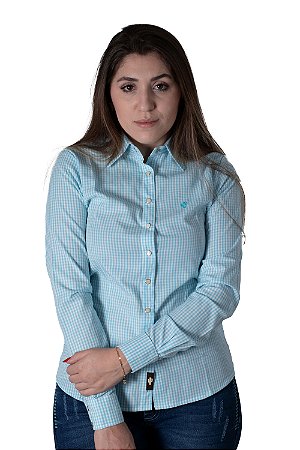 Camisa Feminina Xadrez Americano Azul Bebê e Branco