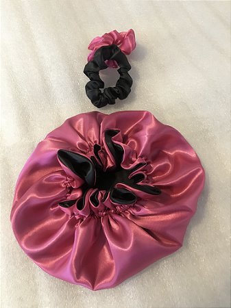Touca de cetim dupla face Rosa/ Preto