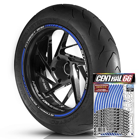 Adesivo Friso de Roda M1 +  Palavra STREET BOB + Interno P Harley Davidson - Filete Azul Refletivo