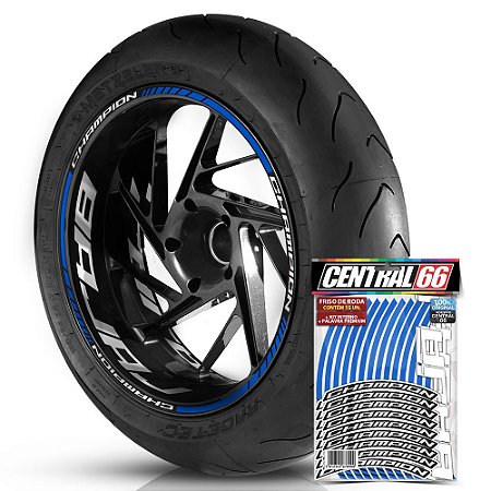 Adesivo Friso de Roda M1 +  Palavra CHAMPION + Interno G Bajaj - Filete Azul Refletivo