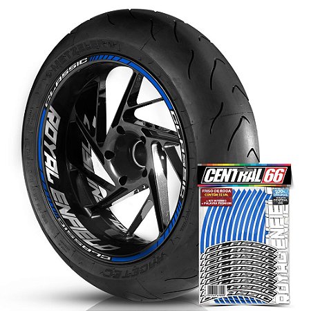 Adesivo Friso de Roda M1 +  Palavra CLASSIC + Interno G Royal Enfield - Filete Azul Refletivo