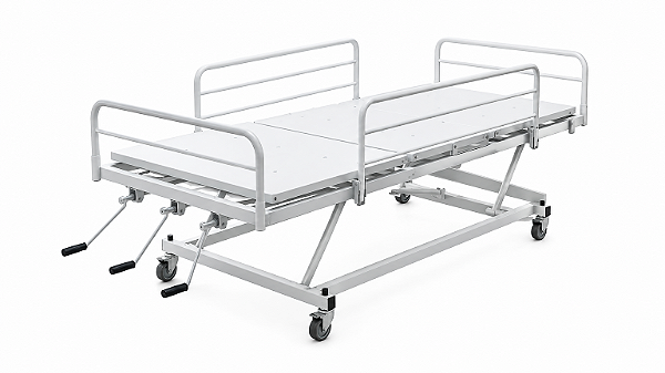 Cama Hospitalar Manual com Elevação e 3 Manivelas com Grades em Epóxi – Salutem Móveis Hospitalares