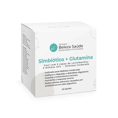 Simbiótico ( combinação de probiótico com prebiótico ) + Glutamina : Pool com 5 cepas de Lactobacillus 5 Bilhões UFC  - Disbiose moderada - 45 Sachês