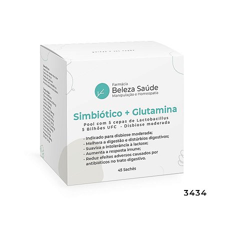 Simbiótico ( combinação de probiótico com prebiótico ) + Glutamina : Pool com 5 cepas de Lactobacillus 5 Bilhões UFC  - Disbiose moderada - 45 Sachês