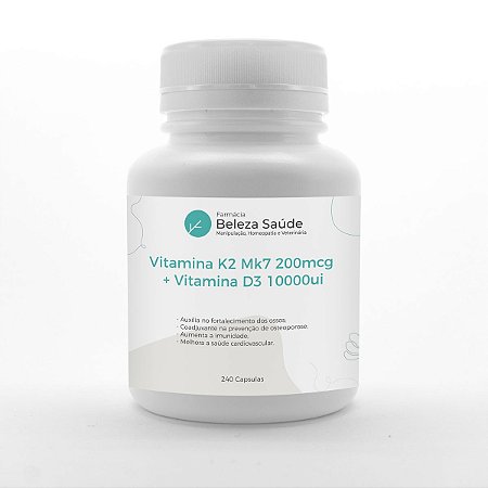 Vitamina K2 Mk7 200mcg + Vitamina D3 10.000ui : 240 Cápsulas