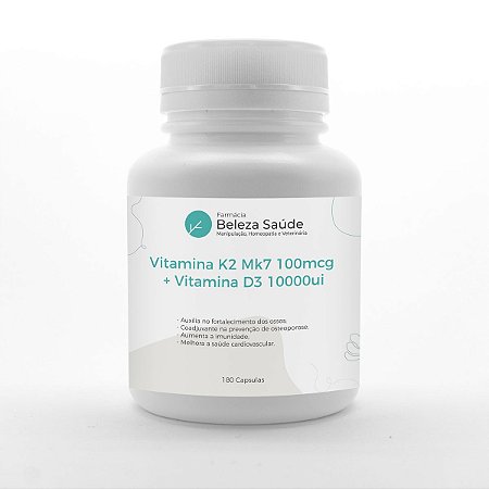 Vitamina K2 Mk7 100mcg + Vitamina D3 10000ui : 180 Cápsulas