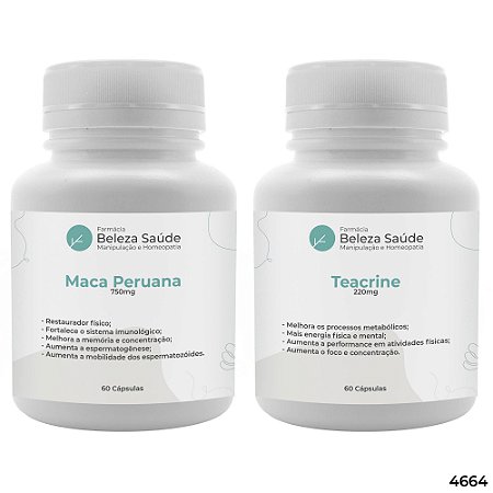 Teacrine 220mg 60 Cápsulas + Maca Peruana 750mg 60 Cápsulas : 2 Suplementos para Bombar