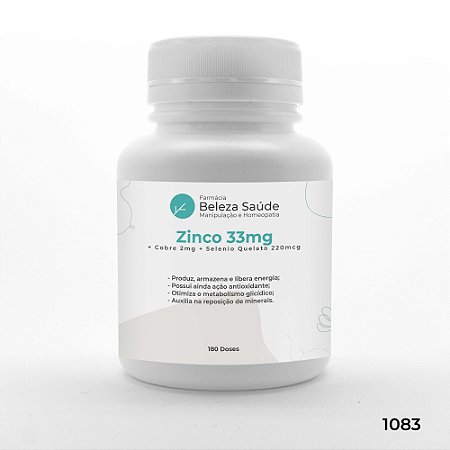 Zinco 33mg + Cobre 2mg + Selenio Quelato 220mcg : Ação Antioxidante, Alerta Mental, Reposição de Minerais - 180 doses