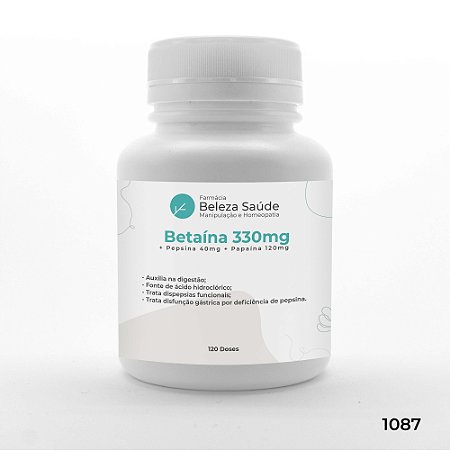 Betaína 330mg + Pepsina 40mg + Papaína 120mg : Enzimas Digestivas - 120 doses