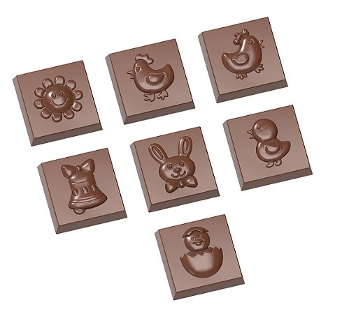 CW1641 - Fôrma de policarbonato modelo tabletinho quadrado Páscoa (3,1 x 3,1 x 0,9cm - 9g - 21 cavidades)