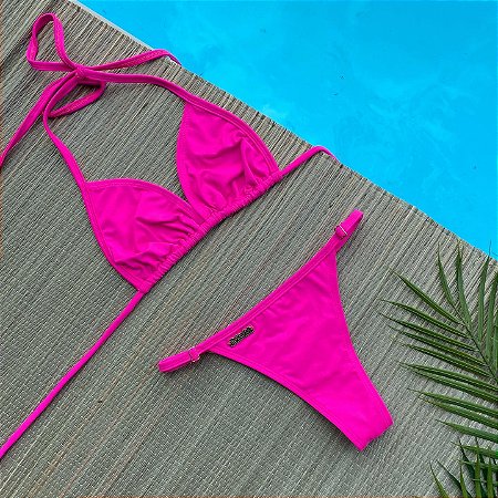 Biquíni Cortininha e Calcinha Fita com Regulagem Rosa Neon