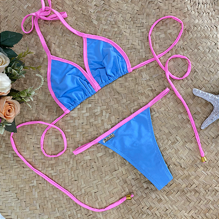 Biquíni Cortininha e Calcinha Fita Azul Bebê com Rosa