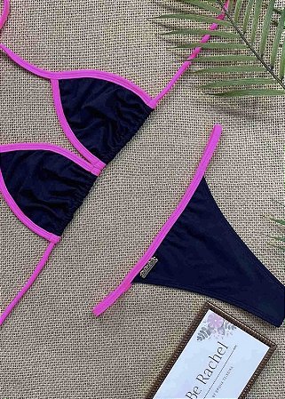 Biquíni Cortininha e Calcinha Fita Preto Viés Rosa Neon