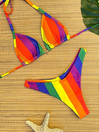 Biquíni Cortininha e Calcinha Asa Delta Arco Iris Listra Colorida