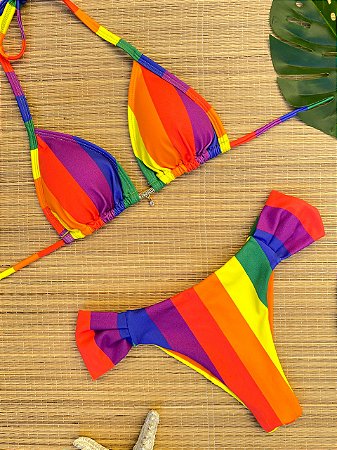 Biquíni Cortininha e Calcinha Borboleta Arco Iris Listras Colorida