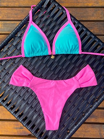 Biquíni Cortininha e Calcinha Borboleta Verde Água e Rosa Bebê