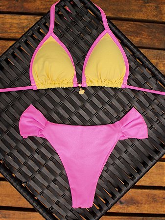 Biquíni Cortininha e Calcinha Borboleta Amarelo e Rosa Bebê