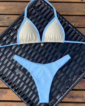Biquíni Cortininha e Calcinha Asa Delta Bi Color Off White Azul Bebê