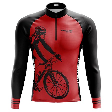 Camisa Ciclismo Manga Longa Masculina Pro Tour Bike Pneu Vermelha Dry Fit Proteção UV+50