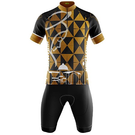 Conjunto Masculino Ciclismo Mountain Santa Dourada dry fit UV+50