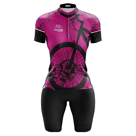 Conjunto Ciclismo Bermuda e Camisa Feminino pneu rosa forro em espuma
