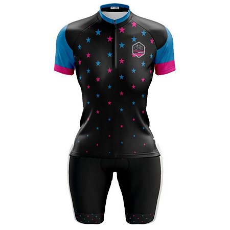 Conjunto Ciclismo Bermuda e Camisa Feminino Estrelinhas  Forro em Espuma