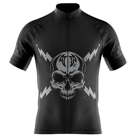 Camisa Ciclismo Masculina Manga Curta Zíper Total Skull Preta