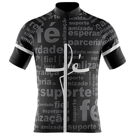 Camisa Ciclismo Masculina Zíper Total FÉ Preta dry fit proteção UV+50