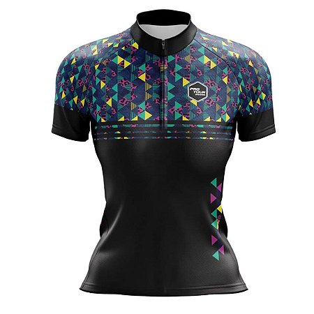 Camisa Ciclismo Feminina M.Curta Pro Tour Triângulos Dry Kit Proteção UV+50