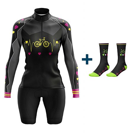 Conjunto Bermuda e Camisa Feminino Bike Coração Manga longa Forro em espuma + meia