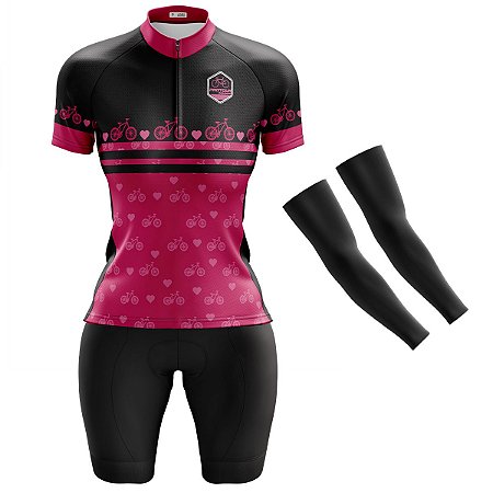 Conjunto Bermuda e Camisa Feminina Pro Tour Bike Rosa Forro em espuma