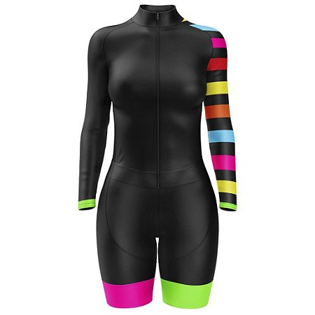 Macaquinho de Ciclismo Feminino Manga Longa Pro Tour Multi Colors Com Bolsos UV 50+