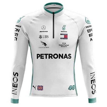 Camisa Ciclismo Masculina Manga Longa Petronas 2023 Branca Proteção UV+50