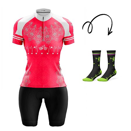 Conjunto MTB Bermuda Camisa Feminino Bike Coração 2.0 Forro em Espuma