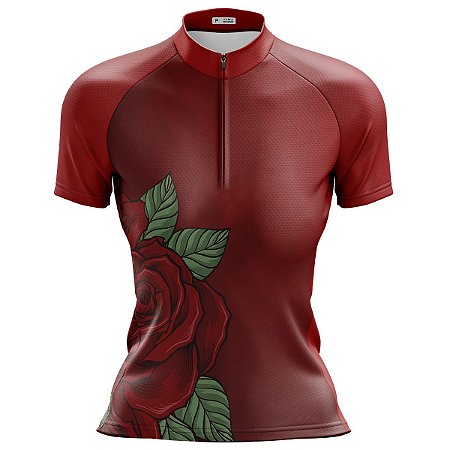 Camisa Ciclismo Feminina Manga Curta Pro Tour Vermelha Flor Proteção Uv+50
