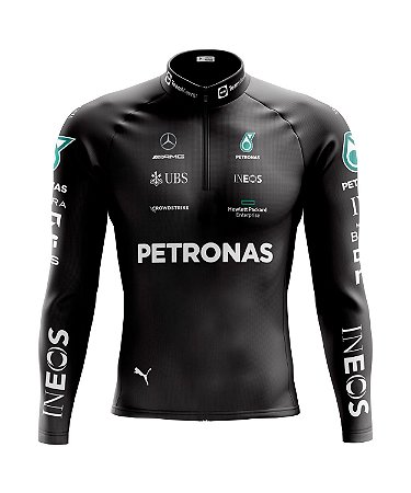 Camisa Ciclismo Masculina Manga Longa Petronas Black F1 2023 com bolsos UV 50+