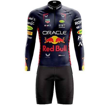 Conjunto Ciclismo Masculina Bermuda e Camisa Manga Longa Red Bull Com Bolsos UV 50+