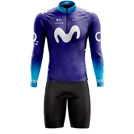 Conjunto Ciclismo Masculina Bermuda e Camisa Manga Longa Movistar Com Bolsos UV 50+