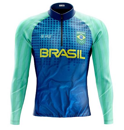 Camisa Ciclismo Masculina Manga Longa Brasil Olimpiadas com bolsos UV 50+