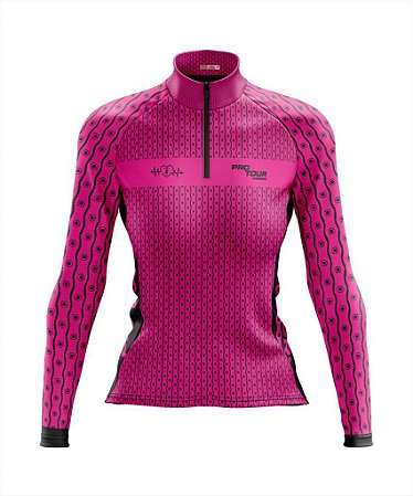 Camisa de Ciclismo Feminina Manga Longa Pro Tour Correntes Rosa com Bolsos UV 50+
