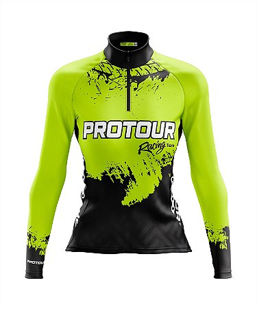 Camisa de Ciclismo Feminina Manga Longa Pro Tour Racing Pneu Flúor com Bolsos UV 50+