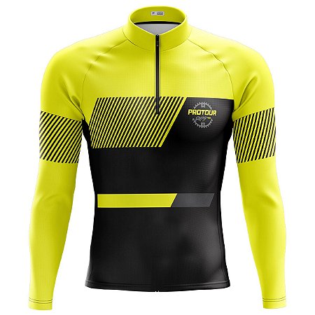 Camisa Ciclismo Manga Longa Masculina Pro Tour Racing Amarela Com Bolsos Uv 50+