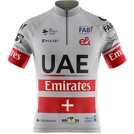 Camisa Ciclismo Masculina UAE Suiça Cinza Com Bolsos Uv 50+