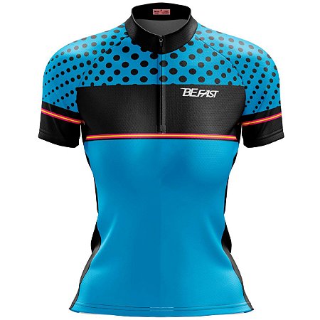 Camisa Ciclismo Mountain Bike Feminina Azul Bolinhas Dry Fit Proteção UV+50