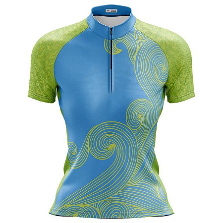 Camisa Ciclismo MTB Feminina Azul Floral Proteção UV+50