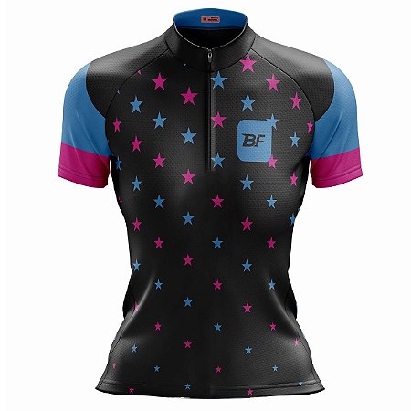 Camisa Ciclismo Mountain Bike Feminina Estrelinhas Preta Dry Fit Proteção UV+50