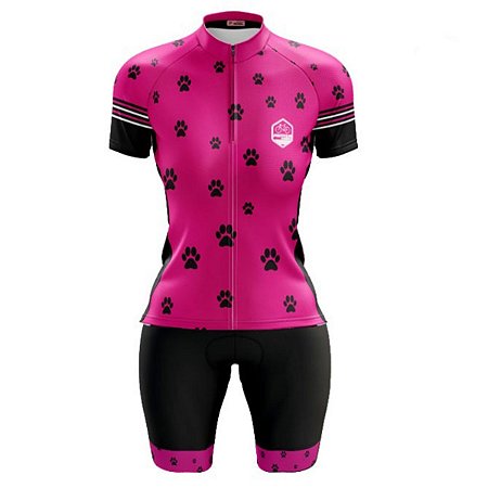 Conjunto Ciclismo Feminino Bermuda e Camisa Rosa Pegada Onça