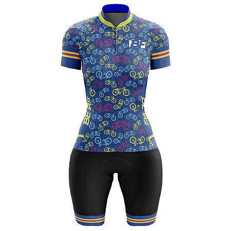 Conjunto Ciclismo Moutain Bike Feminino Bermuda e Camisa Bicicleta Azul