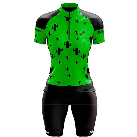 Conjunto Ciclismo Mountain Bike Feminino Bermuda e Camisa Cacto Verde